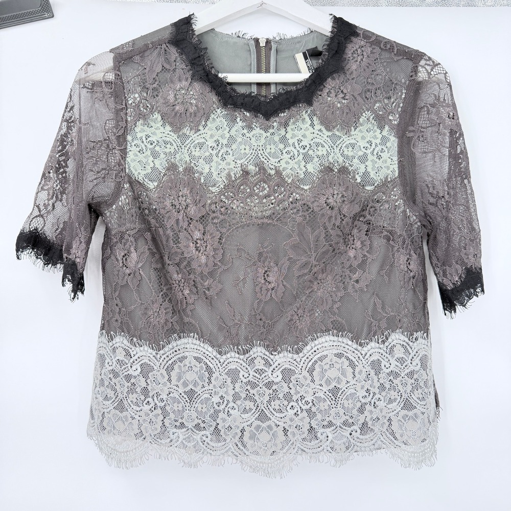 Topshop Lace Blouse Womens 6 Grey Blue Eyelash Trim Sheer Floral Zip Back Top